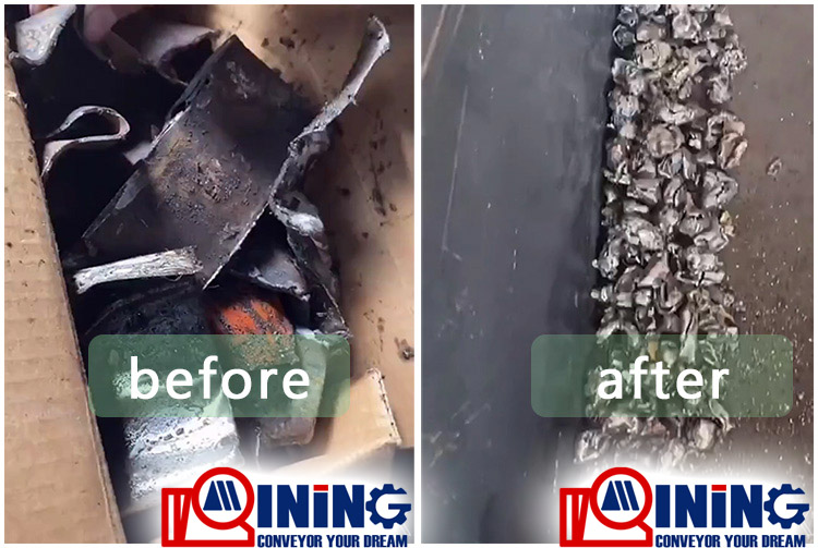 Scrap metal before and after metal crusher